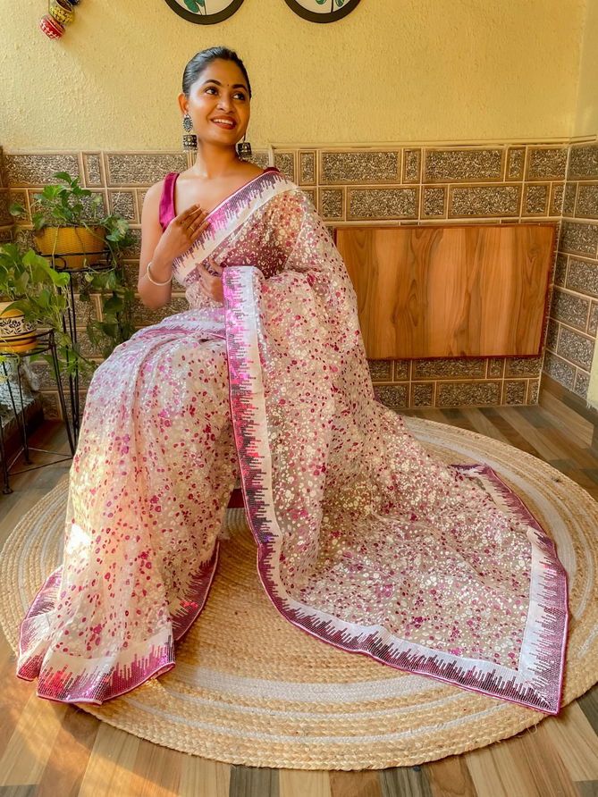 Aarohi 351 Fancy Hand Printed Organza Saree Collection
